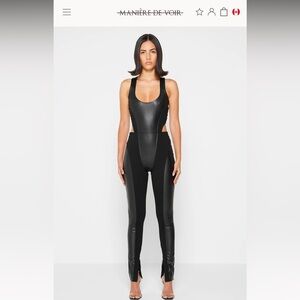 Maniere De Voir Leather Corset Lace Up Jumpsuit - Black